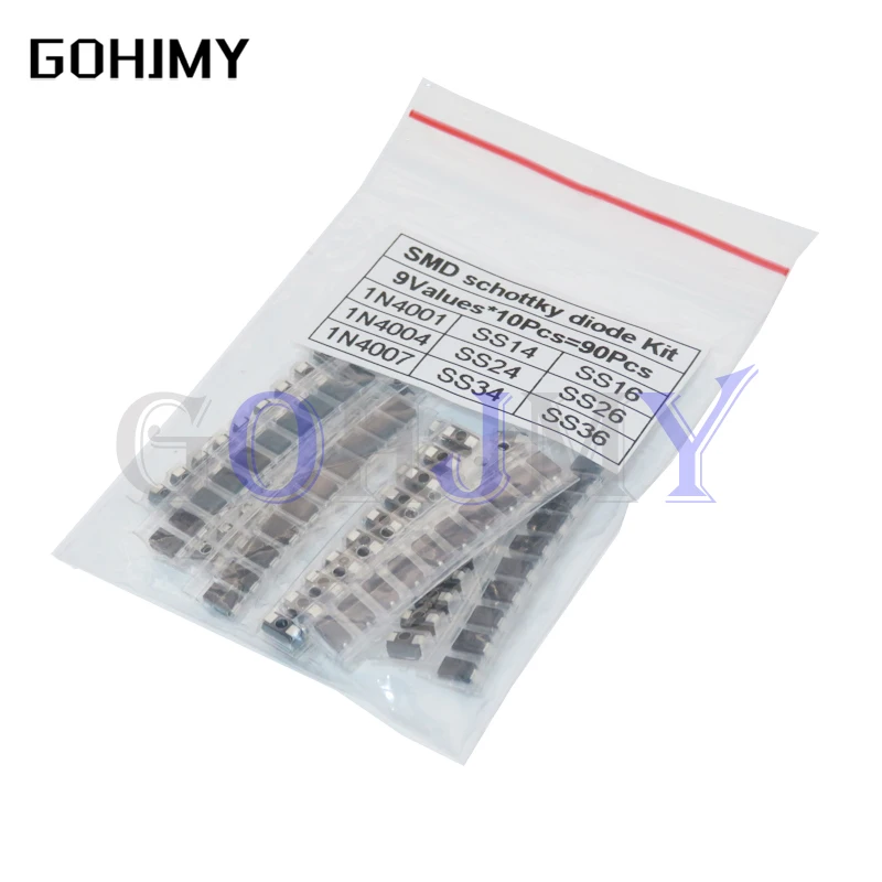 90 шт. 9 значений x 10 1N4001 1N4004 1N4007 SS14 SS24 SS34 SS16 SS26 SS36 SMD набор диодов Шоттки | Электронные