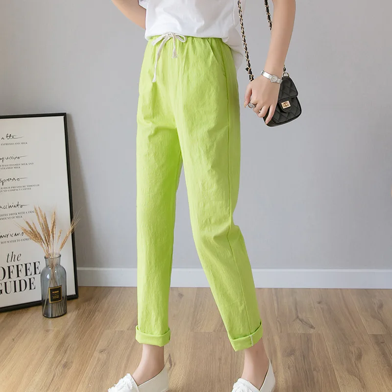 Летние хлопковые льняные брюки длиной до щиколотки, женские осенние повседневные свободные брюки, брюки-карандаш с высокой талией, женские белые брюки - Цвет: 8-AT-19 green