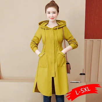 

Fashion Long Sleeve Hooded Trench Coat 2020 Autumn Yellow Zipper Plus Size 5XL Slim Long Coat Women Overcoat Clothes