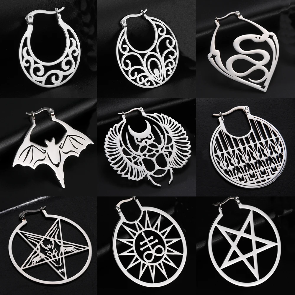 Pentagram Stainless Steel Hoops Earrings Star Compass Snake Bat Satanic Earrings for Women Wicca Amulet Vintage Gothic Jewelry
