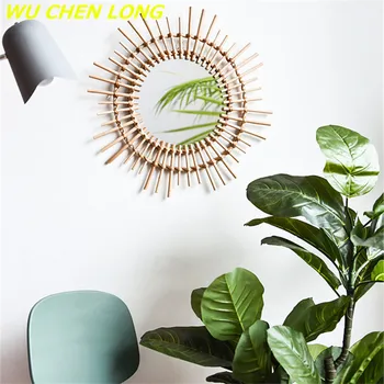 

WU CHEN LONG Modern Rattan Mirror Wall Hanging Bathroom Mirror Wall Decor Crafts Home Makeup Wall Mural Guesthouse Pendant R5669