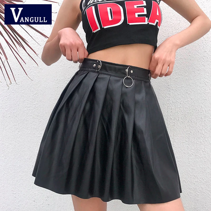 

Vangull Black Pu Faux Leather Pleated Skirt Women 2021 New A-Line High Waist Punk Zipper Skirt Fashion Preppy Female Mini Skirt
