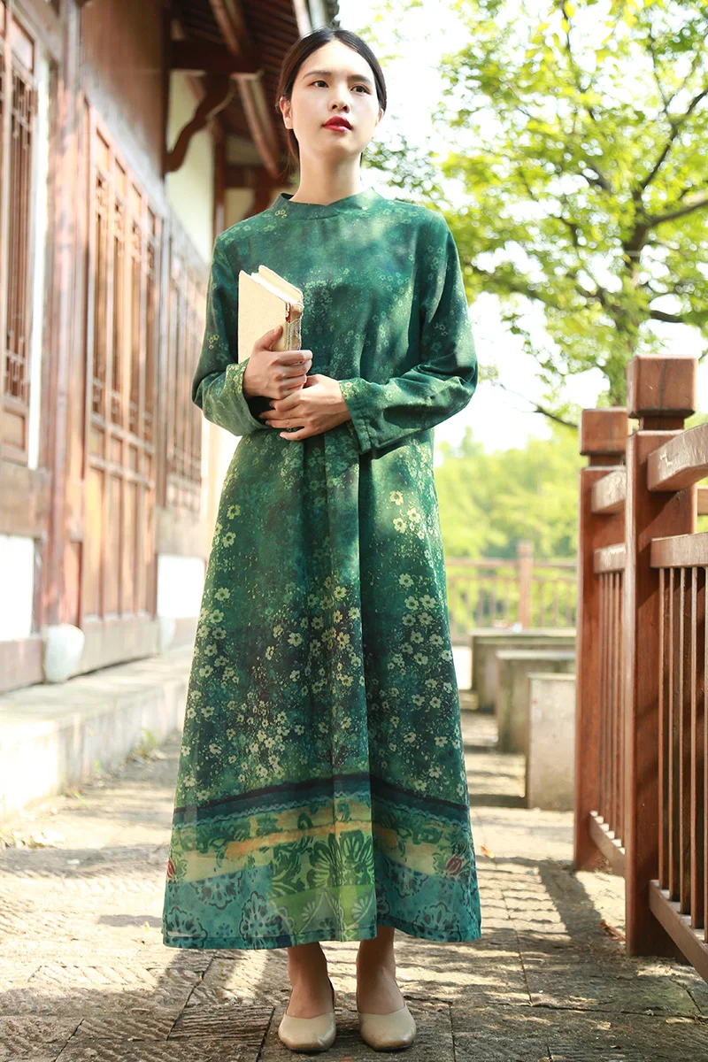 LZJN 2019 Women Autumn Long Sleeve Dress Floral Printed Belt Waist Long Dress Vestido Loose Robe with Pockets and Cotton Lining (12)