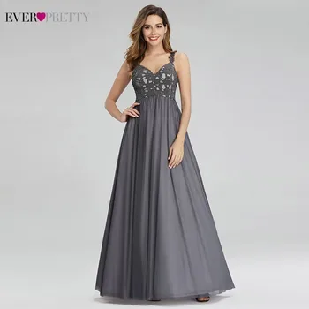 

Elegant Grey Prom Dresses Ever Pretty A-Line Spaghetti Straps Deep V-Neck Sleeveless Tulle Formal Party Gowns Vestidos De Gala