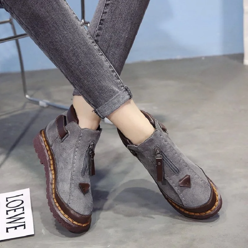 

Dropshipping Women Autumn Fashion Flats Ankle Boots Slip on Platform Hook Loop Zipper Sewing Shoes Non-Slip Casual Footwears