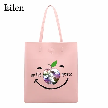

LILEN Double-sided Sequins Apple Decorative Shoulder Bag Fashion Printing Smiley Face Large Capacity Handbag Shopping Bag