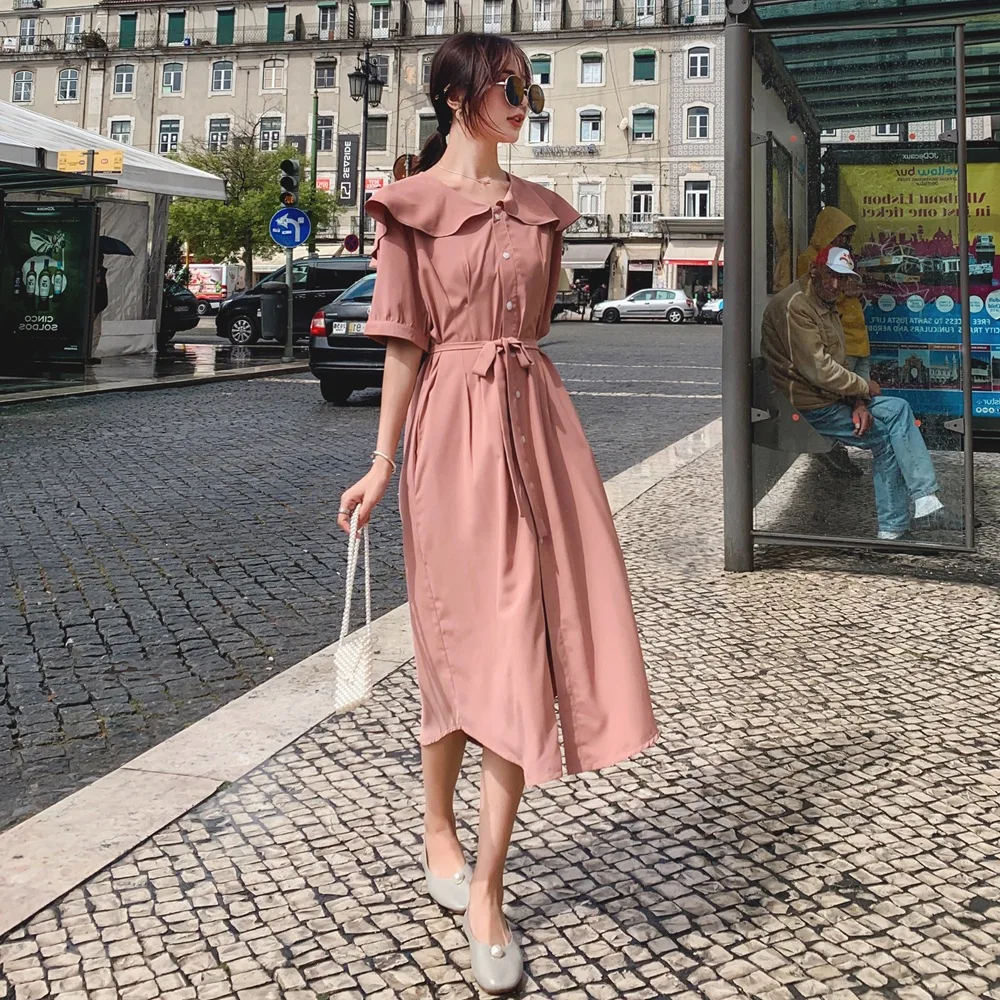 

Photo Shoot 2019 Summer New Style Korean-style WOMEN'S Wear Retro CHIC-Style Waist Hugging Lace-up Flounced Chiffon Skirt Dress