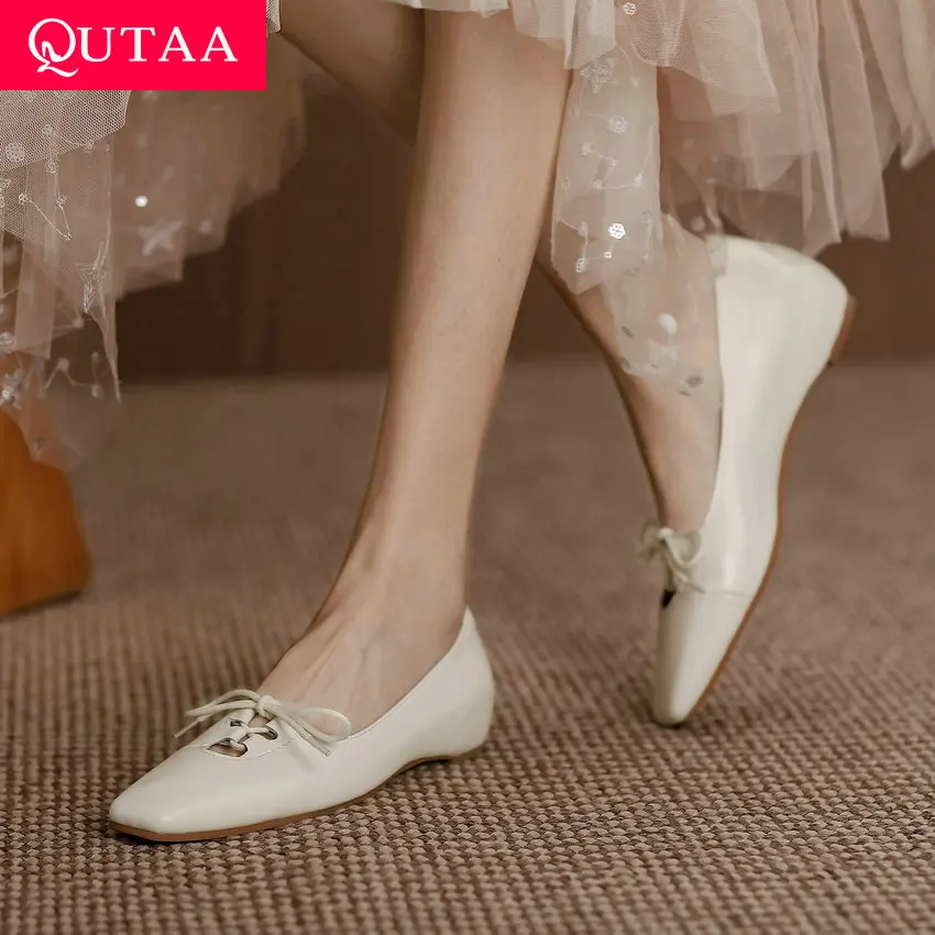QUTAA 2021 Genuine Leather Height Increasing Basic Women Shoes Retro Square Toe Spring Summer Lace Up Female Pumps Size 34-40 | Обувь