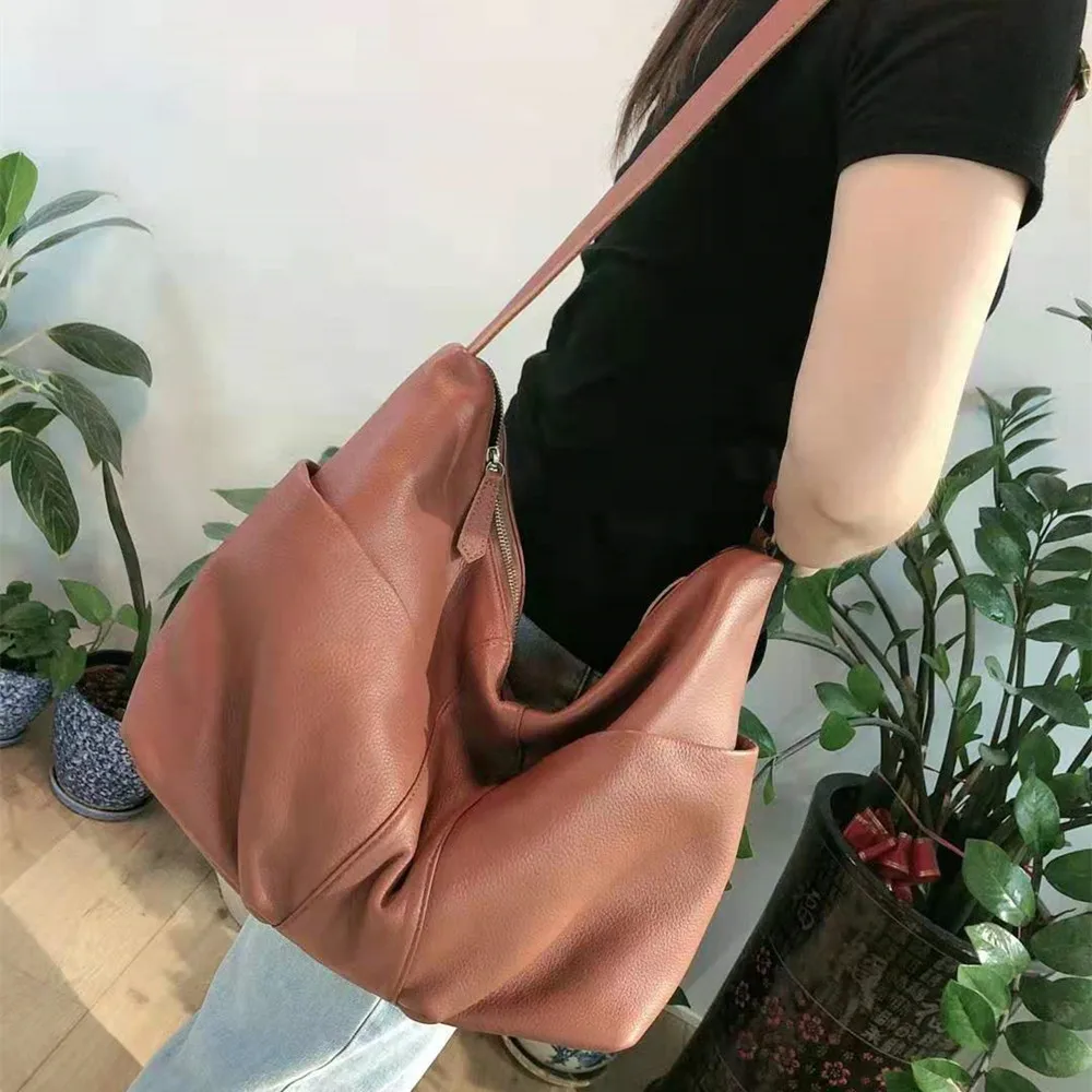 

women real leather soft caual one shoulder bag firt layer of cowhide big black brown messenger bag large capacity crossbody bag
