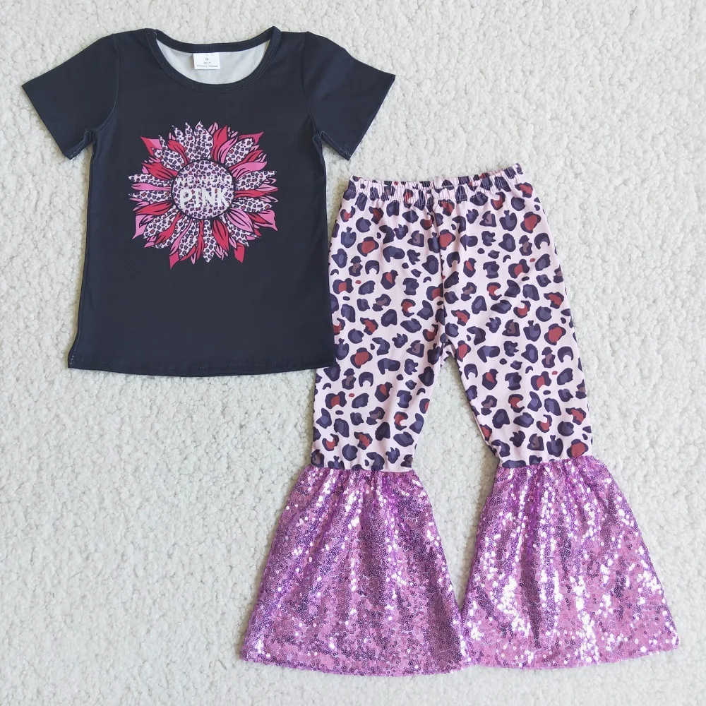 

Hot Sale Sequins Style Baby Girls Wear Fall Purple Sunflower Shirt Outfit Leopard Print Bells Bottom Kids Boutique Clothes