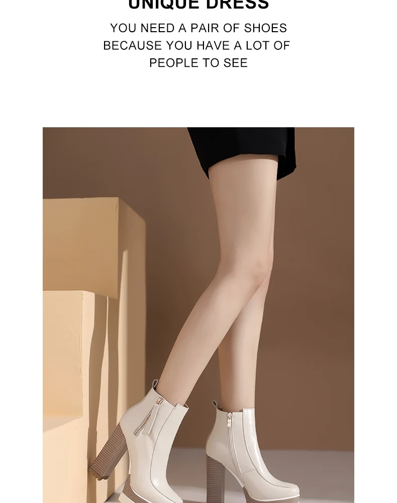 2021 Autumn Winter Women's High Heeled Thick Platform Ankle Boots with Zipper Mixed Colors Motorcycle Ladies Shoes Beige Black