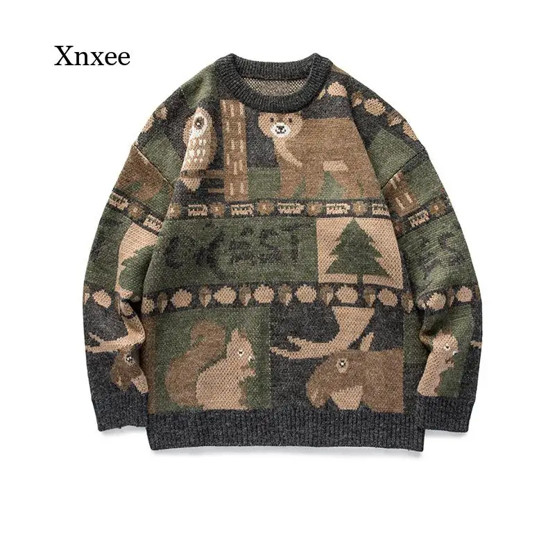 

Women Print Sweater Christmas Jumper Korean Knitted Bear Pattern Block Men Oversized Couples Casual Pullovers Sweaters Clothing
