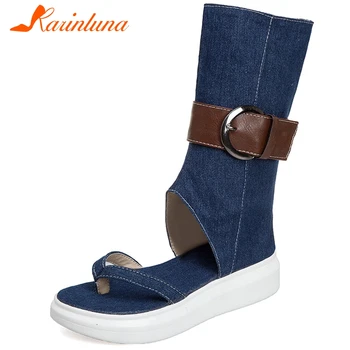 

Karinluna 2020 New Arrivals Denim Cover Heel Summer Sandals Woman Shoes Open Zip Up Mix Color Buckle Decoration Casual Shoes