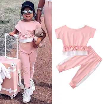 

CANIS 2PCS Kid Baby Girl Clothes Short Sleeve Ruffles Patchwork Tops+Pants Leggings Lovely Fashion Outfit Set