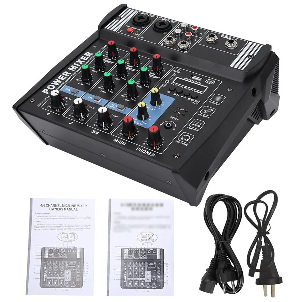

PA4 4Channels Audio Mixer Sound Mixing Console with Bluetooth USB Record 48V Phantom Power Monitor Paths Built-in Power Amplifie