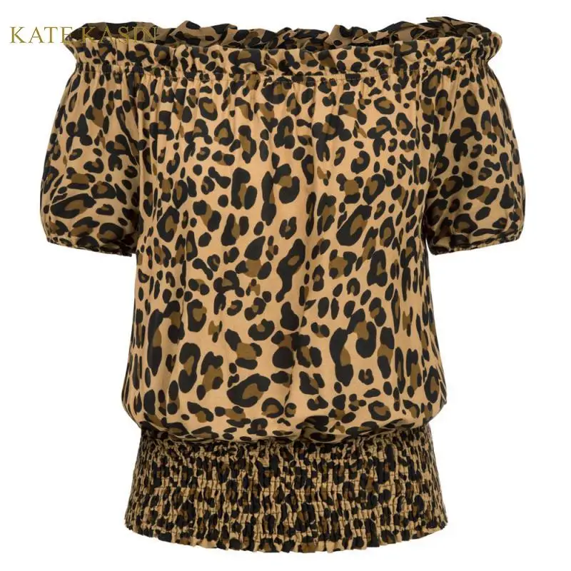 

Kate Kasin Women Soft Comfortable Leopard Print Top Blouses Sexy Off Shoulder Smock Waist Rayon Blouse Shirts Loose Fit 2019