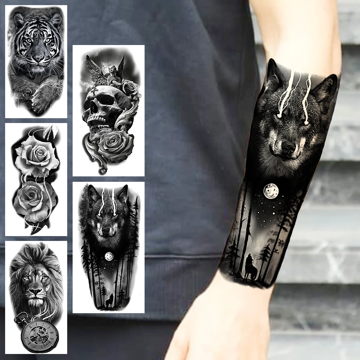 

Black Wolf Forest Temporary Tattoos For Men Adults Realistic Tiger Peony Lion Skull Fake Tattoo Sticker Forearm Tatoos Hot Sale