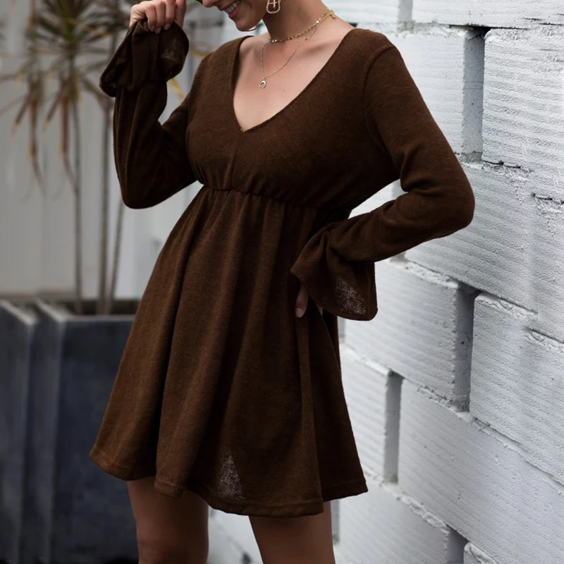 

Celebrity Women Clothes A-Line Empire Winter Autumn Dress Casual Solid Elegant Mini Dress Long Sleeve V-Neck Party Robe GV959