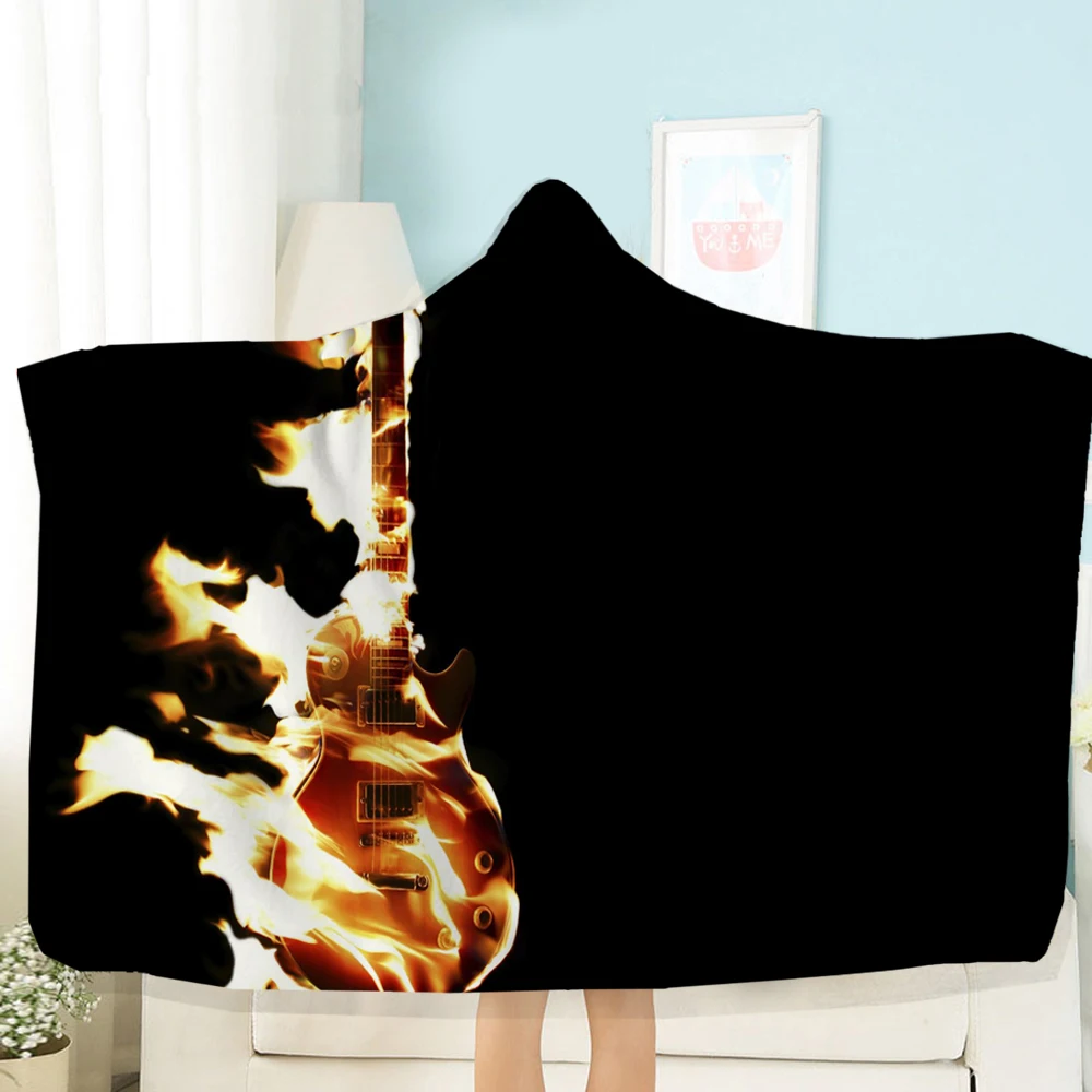 Burning Guitar Blanket 3D Printing Hooded Fleece Double Throw Travel Picnic Wearable | Дом и сад