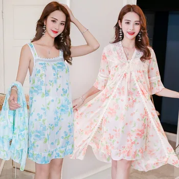 

2PCS Silk Satin Lace Sexy Lingerie Nightgown Robe Sets for Women Hot Summer Bathrobe Sleepwear Home Dress Nightdress Night Dress