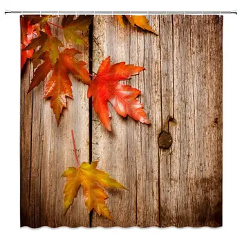 

Autumn Shower Curtain Decor Red Maple Leaf Old Wooden Board Rusty Iron Nails Rustic Life Them Brown Red Fabric Bath Curtains