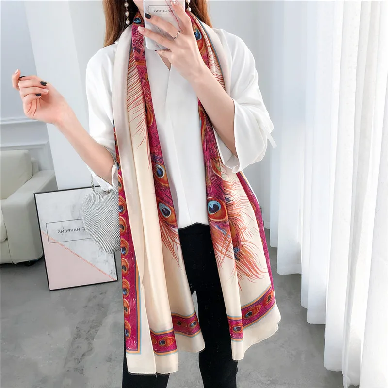 

New Silk Satin Imitation Silk Peacock Feather Print Scarf Moda Mujer Foulard Luxe Chale Femme Foulard En Soie Echarpe Polyester