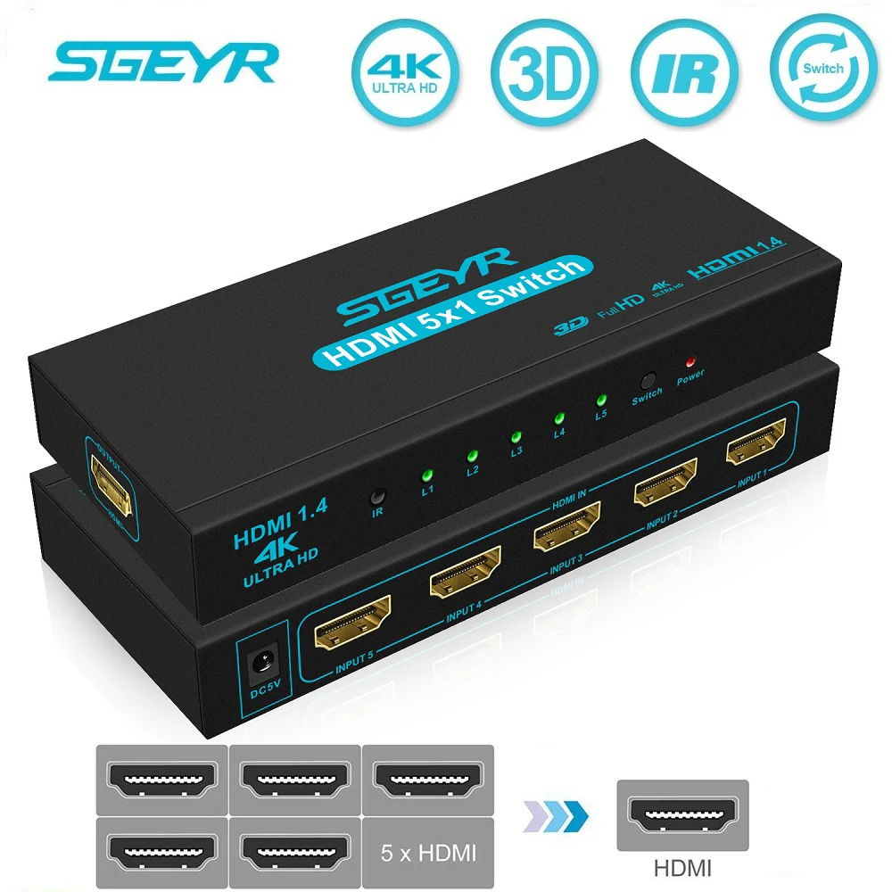 4K 5 Port HDMI Switch 5 In 1 Out Adapter HDCP HDMI Switcher Splitter 1080P connect 5 HD devices to