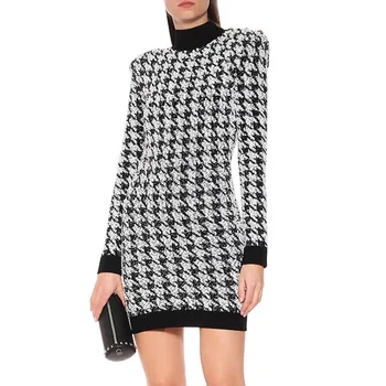 

New High end quality popular lion button dress slim high collar bright silk chiffon pattern dress