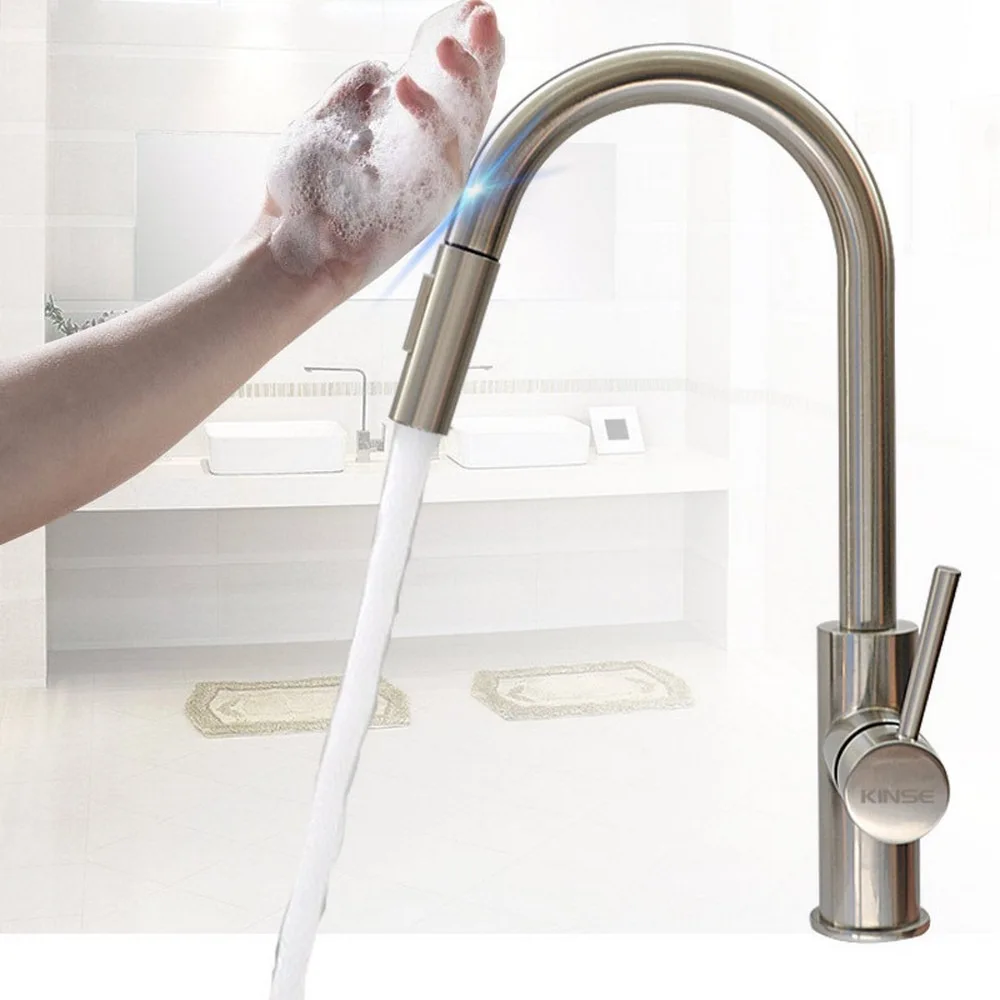 

Touch Induction Faucet Stainless Steel Sensor Kitchen Faucet Mixer Faucet Single Handle Double Water Mode Rotating Kitchen Tools