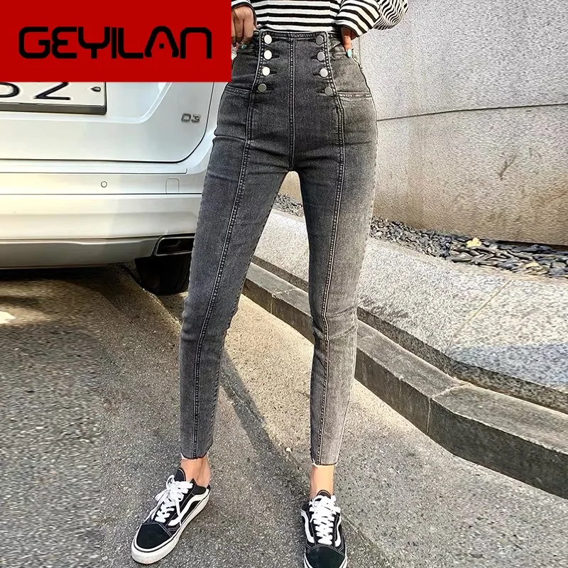 

Dark grey design double breasted street fashion high waist elastic jeans medium size slim Leggings cropped pants women 2020 NEW