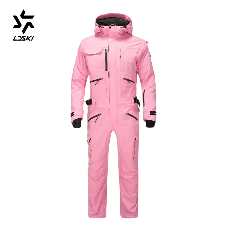 Pink LDSKI взрослый лыжный комбинезон для сноуборда, унисекс стильный лыжный костюм, водоотталкивающая оболочка и застежка-молния на талии, молнии и манжеты для ботинок - Цвет: Pink