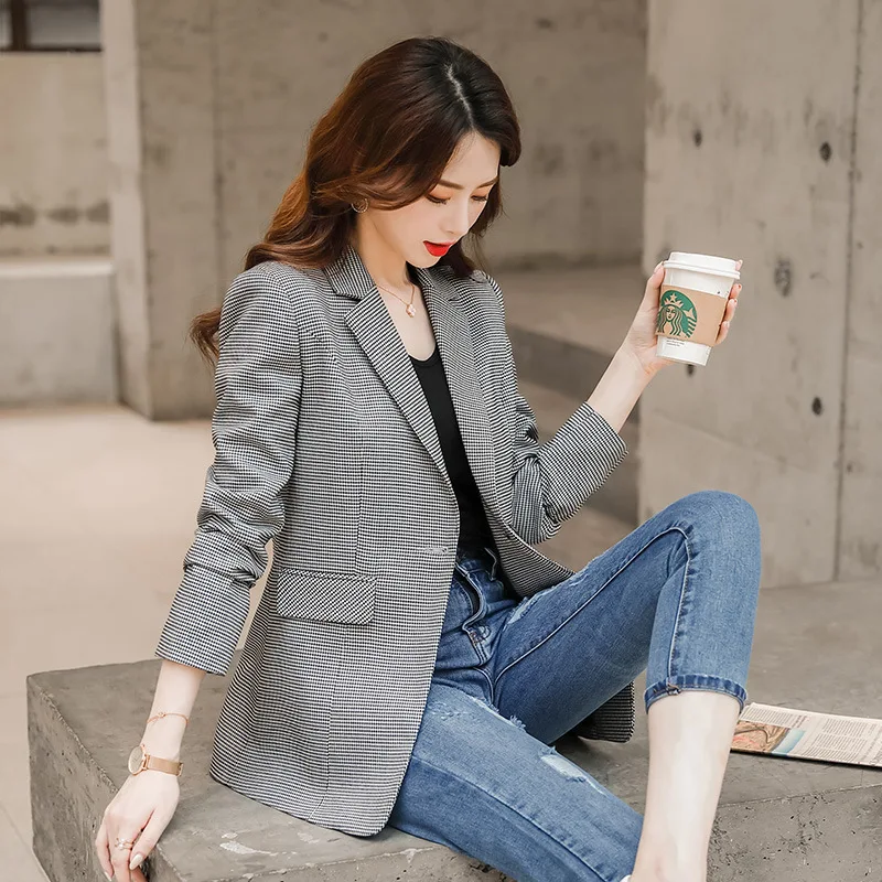 

Korean-style Thousands of Birds Suit New Style WOMEN'S Long Sleeve Small Suit Women's 2019 Autumn & Winter Elegant Slim Fit Plai