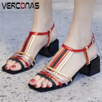 

VERCONAS Women New Arrival Fashion Genuine Leather Buckle Thick Heels Shallow Thick Heel Sandals Square Toe Elegant Shoes Woman