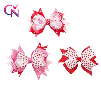 

CN 6 Pcs/lots 4.5" Valentine Hairbows For Girls Kids Pompom Heart Print Double layers Hair Clips Valentine Gift Hair Accessories