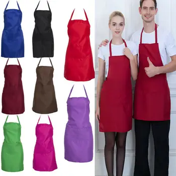 

Chef Apron Washable Polyester Dual Pockets Unisex Kitchen Pinafore For Waiter Black/ White/ Rose/ Orange-Red/ Purple/ Green