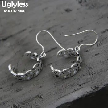 

Uglyless Real S925 Sterling Silver Handmade Carve Leaves Earrings Hollow Ethnic Fine Jewelry Peaceful Olive Branch Circle Bijoux