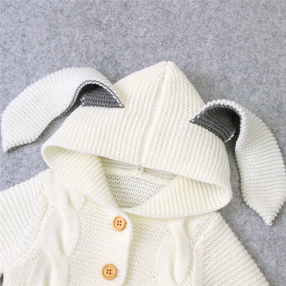 0-24M Autumn Winter Infant Kids Girls Boys Rompers Knit Solid Long Sleeve 3D Ears Hooded Jumpsuits Clothes