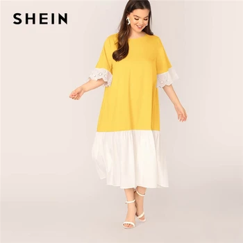 

SHEIN Plus Size Two Tone Eyelet Embroidery Cuff Smock Dress Women Summer Colorblock Drop Waist O Neck Casual Long Dresses