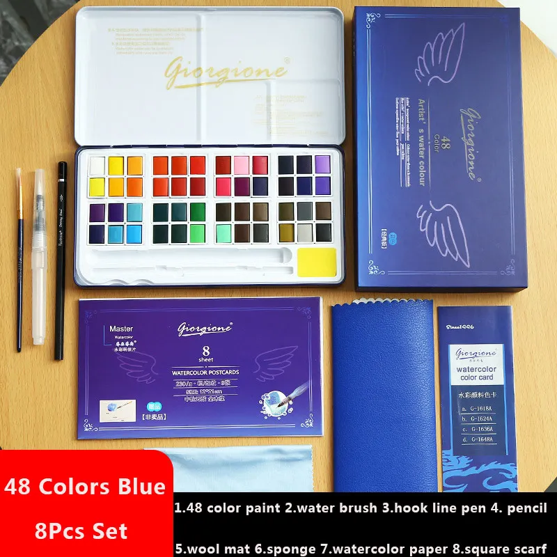 48 цветов однотонные акварельные краски в наборе металлическая коробка Акварельная краска пигмент для рисования с краской принадлежности художественные Кисти - Цвет: 48colors blue