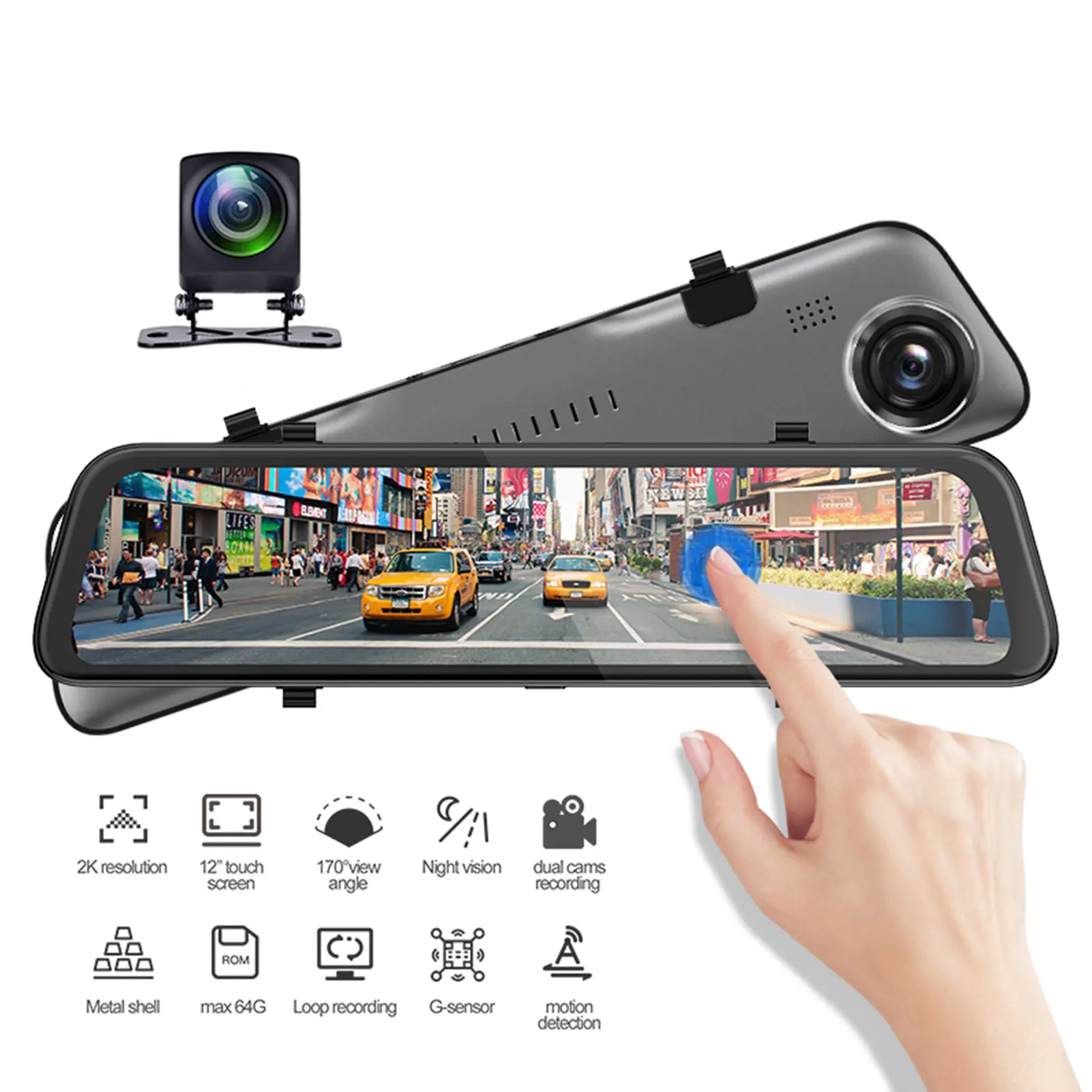

12 Inch 1080P HD Car DVR Touch Screen Stream Media Dual Lens Video Recorder Rearview Mirror Dash Cam Front And Rear Camera