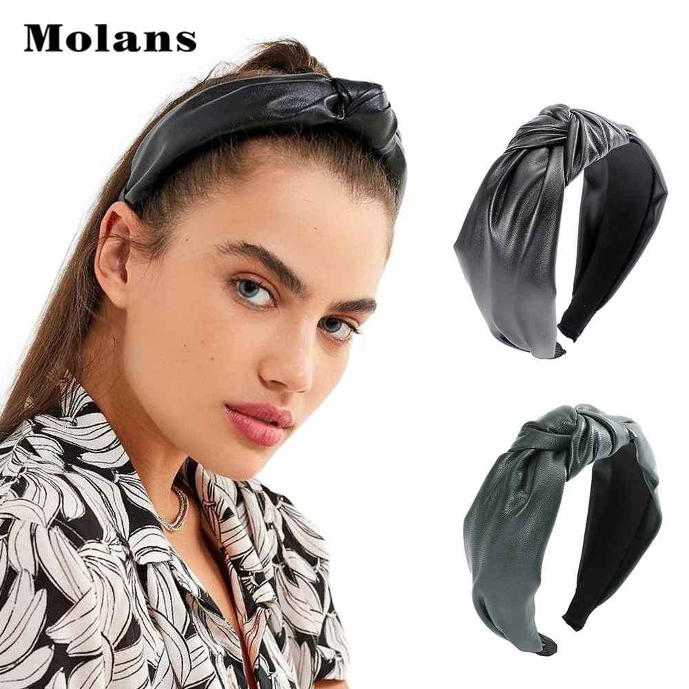 

MOLANS Solid Knotted Wide PU Headband Women Fashion Leather Hair Bands Hoop Bezel Headdress Korean Hair Accessories 2019 New