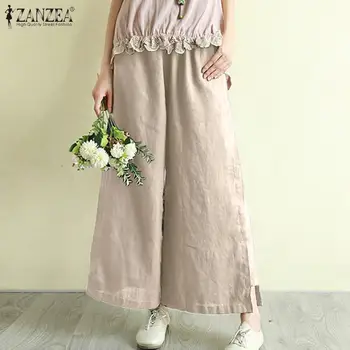 

ZANZEA Fashion Summer Women Wide Leg Pants Elastic Waist Solid Cotton Linen Trousers Casual Flare Pantalon Vintage Harem Pants