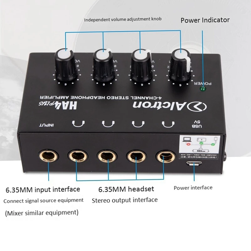 Alctron 4 Channel Portable Stereo Headphone Amplifier Mini Earphone Splitter Amp TRS Headphones Output Jack