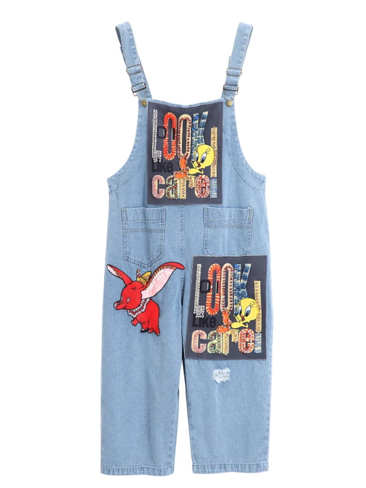 Cartoon denim bib female high street jumpsuit brand new loose embroidery workwear wide leg one-piece pants cartoon overalls