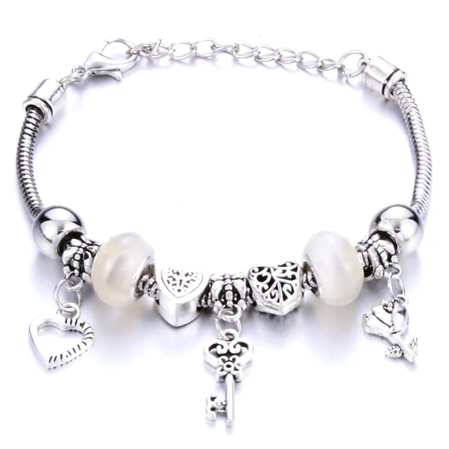Antique Original Crown key lock Shape 6 colors Charm Bracelets For Women Glass Beads Brand Bracelet & Bangle DIY Jewelry Gifts 0005WE