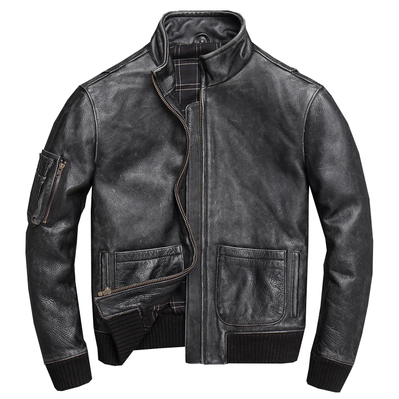

2020 Vintage Grey Men Military Pilot Jacket Large Size XXXXL Genuine Cowhide Autumn Slim Fit Short Aviator Leather Coat