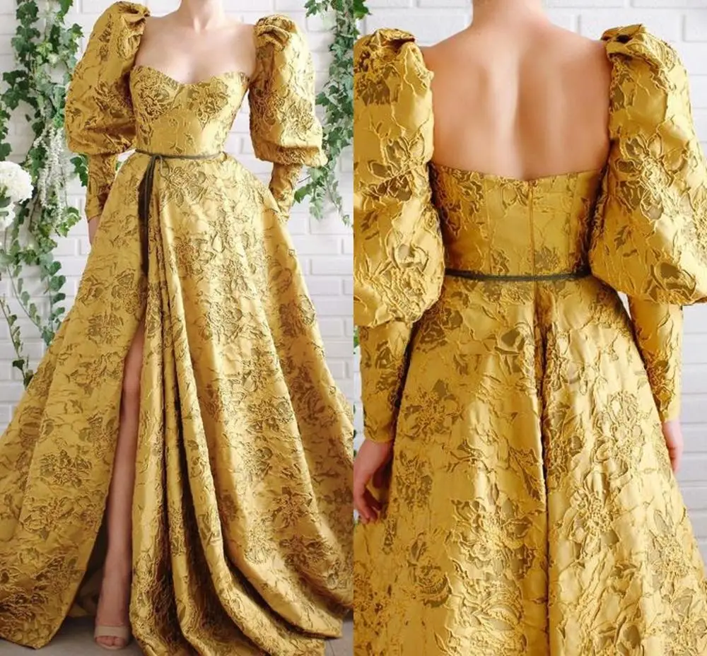 

Arabian Golden Lace Evening Dress 2020 Sweetheart Puffy Long Sleeve Low Back High Slit Arabic Prom Formal Dress abendkleider
