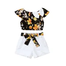 Детская футболка на бретельках с открытыми плечами и цветочным принтом для маленьких девочек в США топы+ шорты с бантом летняя одежда