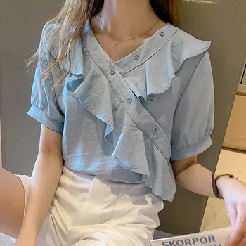 

Women Summer V neck Shirts Short Sleeve Casual Loose Blouse Top Ladies Work Casual Clothes Solid Color Shirt