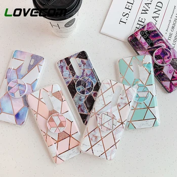

Geometric Marble Stand Holder Phone Case For Xiaomi Redmi Note 7 6 8 Pro Case Soft IMD Full Body Plated Phone Back Cover Bags